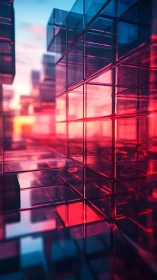 Glass cube architecture in neon gradient cityscape grid.