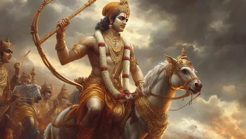 Warrior leader on armored horse before stormy battlefield.