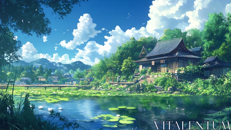 Serene lakeside shrine nestles beneath bright summer clouds.