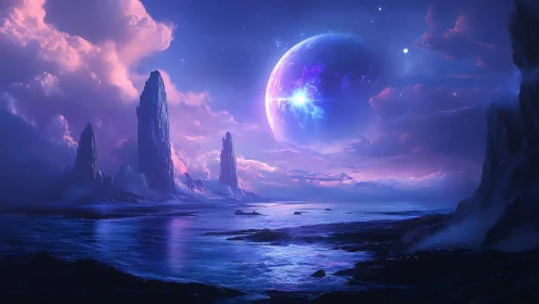 Alien seascape with glowing planet and tall rock spires.