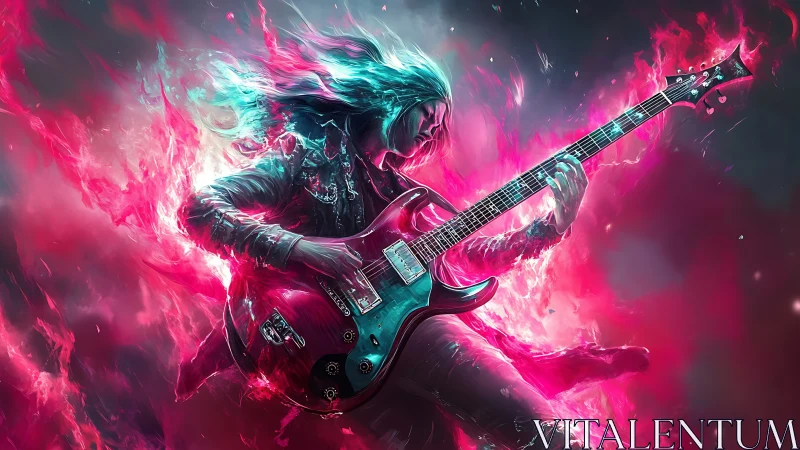Electric guitarist surrounded by stylized neon plasma effects