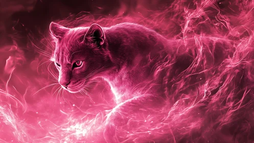 Neon Felid Silhouette Rendered in Luminescent Plasma Particle Field