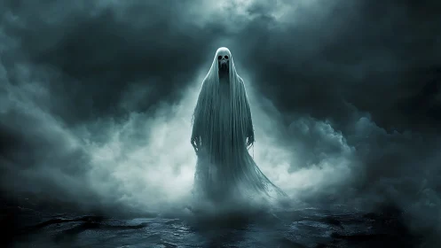 Ethereal ghostly figure drifts calmly through swirling fog