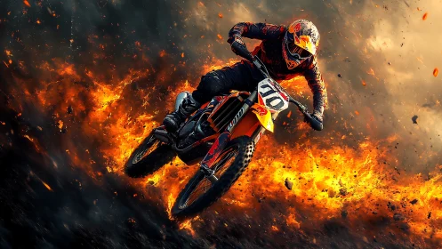 Motocross rider accelerates through cinematic firestorm environment
