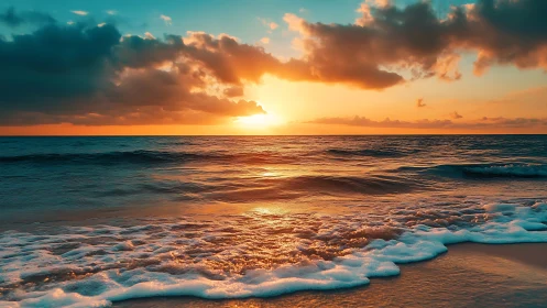 Low-angle coastal sunset with foamy shoreline wave dynamics