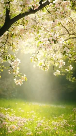 Spring blossom canopy over sunlit meadow in soft bokeh light.