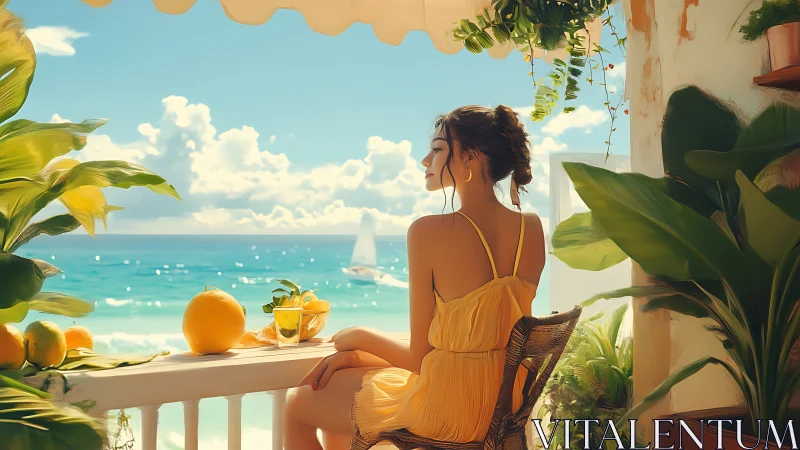 Sunlit balcony portrait overlooking turquoise coastal seascape