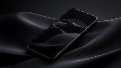 Midnight smartphone resting on soft flowing satin folds.