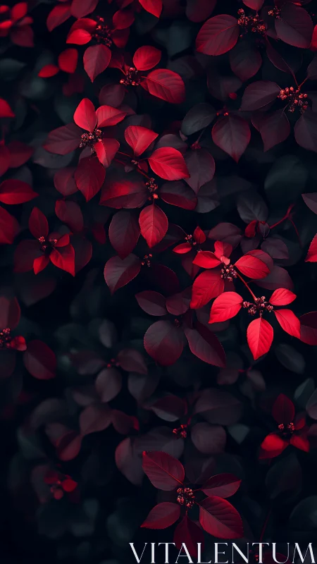 Crimson foliage clusters emerging from deep shadowed greens.