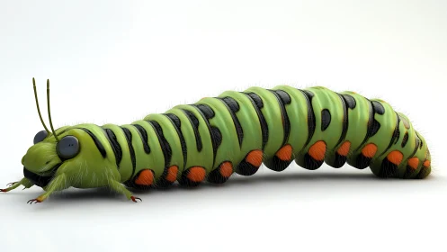 Green caterpillar render with striped body and detail.