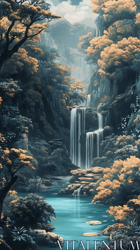 Mystic turquoise waterfall carving through golden forest gorge.