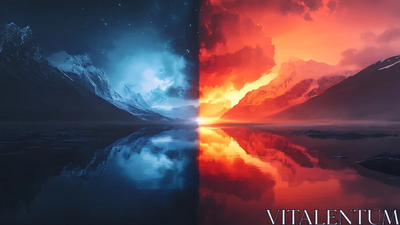 Dreamlike fire and ice horizon over mirrored mountain lake.