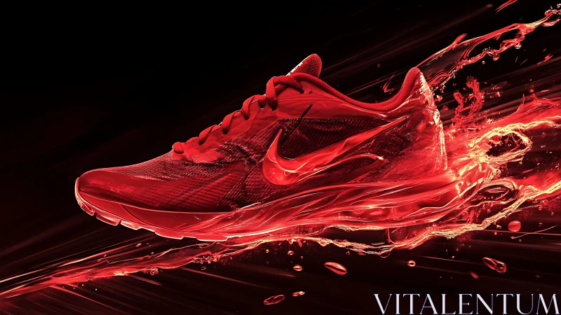 Red performance sneaker in dynamic liquid motion render.