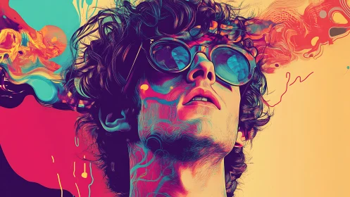 Neon-splashed dreamer tilts skyward through liquid color