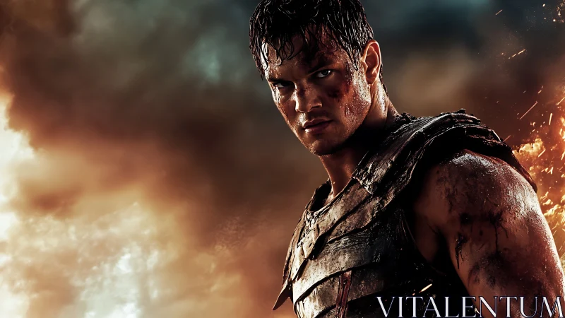 Battle-scarred warrior stands defiant amid fire and storm