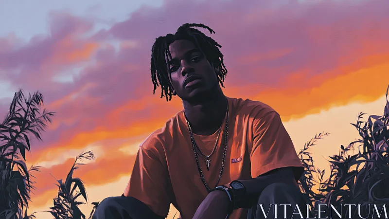 Sunset thinker in neon dusk fields, wrapped in quiet fire.