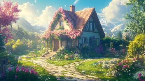 Sunlit cottage amid blooming alpine garden serenity.