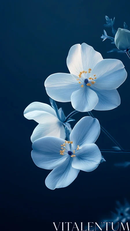 Delicate Blue Blossoms Dancing in Deep Indigo Light.