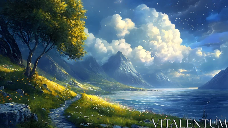 Sunlit mountain path whispering beside a cloud-bright sea.