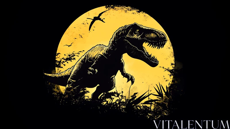 Silhouetted Tyrannosaurus rex under backlit moon disk