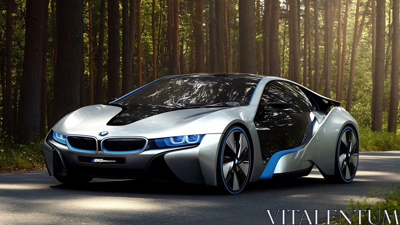 Futuristic silver sports car glides through a tranquil forest road