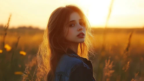 Backlit portrait of young woman in golden hour meadow