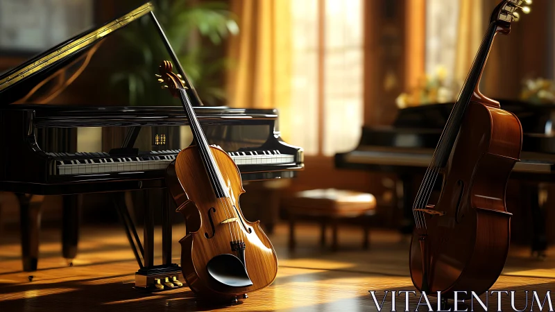 Sunlit string trio resting by a grand piano’s quiet glow.