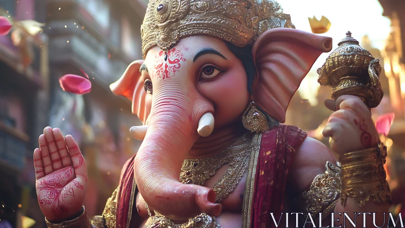 Ganesh idol glows in festive street light and flying petals