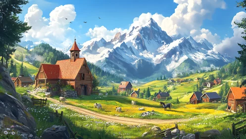 Idyllic alpine village rendered in luminous digital landscape art