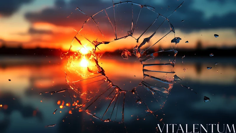 Broken glass ring frames sunset reflection across water