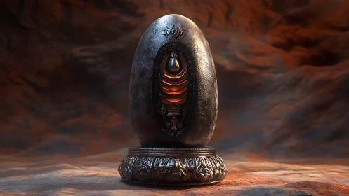 Dark metallic egg-shaped relic with glowing orange core