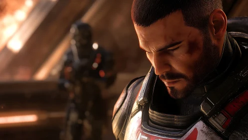 Armored male soldier rendered in close-up with battle damage