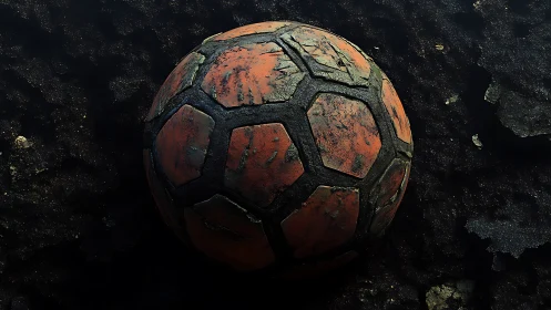 Weathered orange soccer ball rests on dark gritty ground