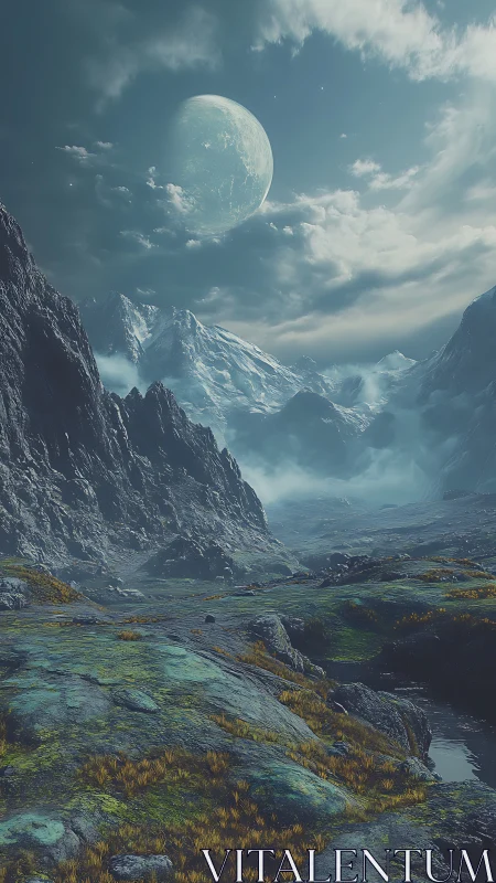 Lunar-illuminated alien valley shows glacial peaks and mossy tundra