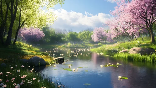 Gentle spring pond welcomes soft blossoms and quiet light