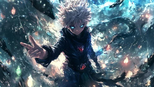 Starblaze sorcerer hurls neon storms through the void.