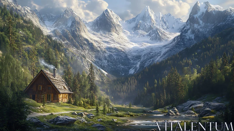 Mountain cabin under snowy peaks in sunlit forest valley.
