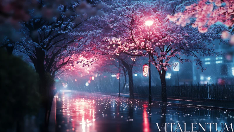 Nocturnal cherry lane with specular rain reflections in bloom.