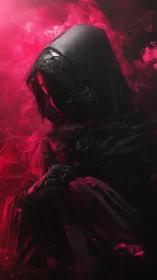 Shrouded reaper studies crimson smoke like a living omen