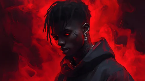 Dark hooded figure with red eyes stands in swirling smoke