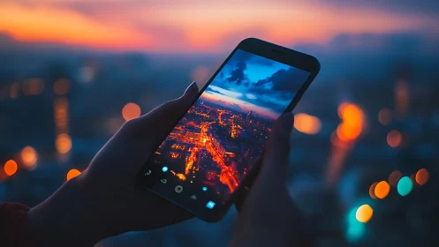 Smartphone captures glowing city lights under vivid sunset