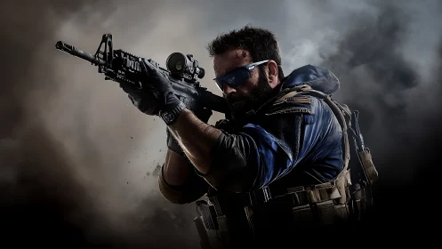 Tactical operator holds rifle in smoke filled combat setting