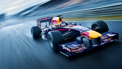 Formula racing car moves along wet circuit under motion blur