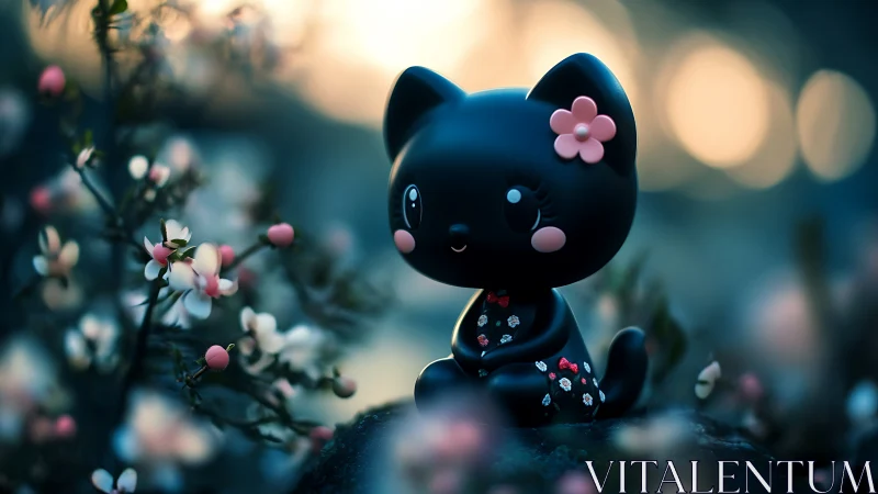 Ebonite felid figurine with bilateral pink facial features displaying depth-of-field bokeh