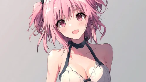 Pink haired anime girl sharing a bright, gentle smile.