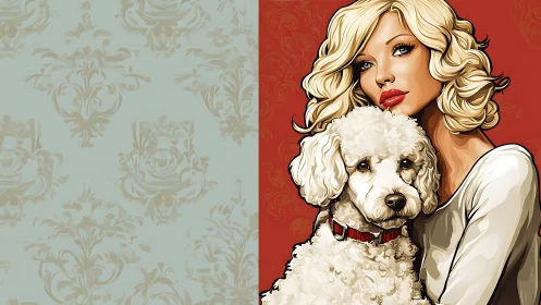 Glamorous blonde and fluffy pup against baroque whispers.