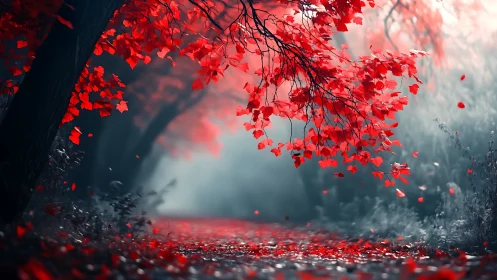 Crimson forest archway over misty path in soft focus.