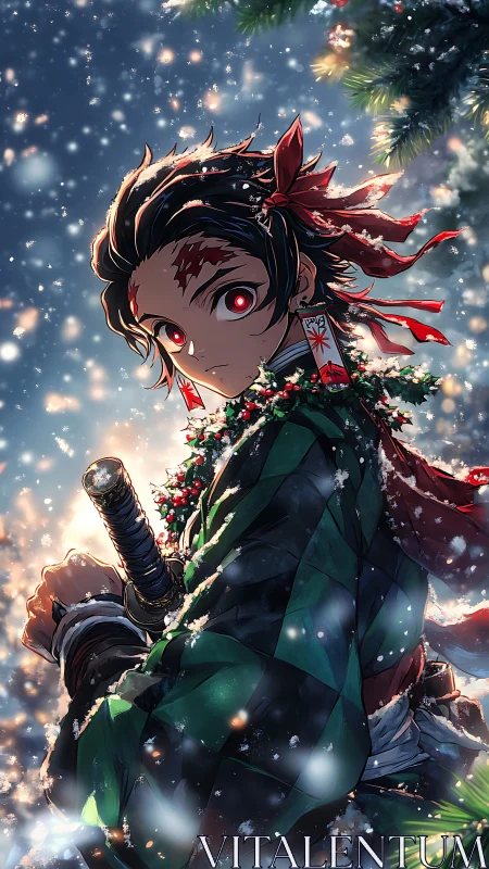 Snowy anime swordsman turns softly toward the winter light