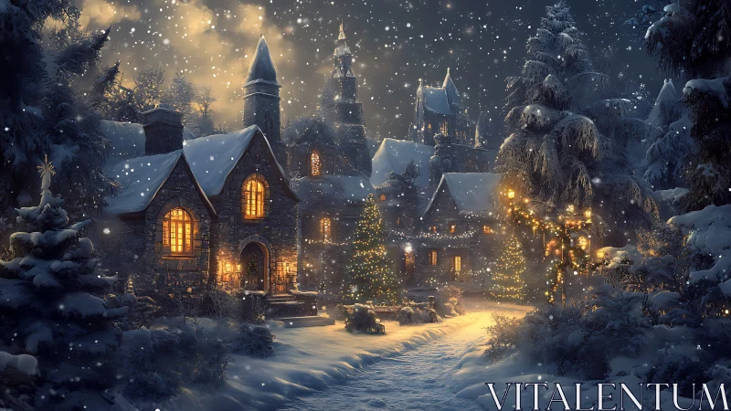 Snowy village lights and cozy cottages on a winter night.