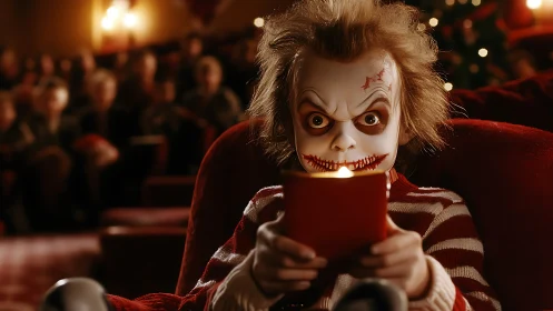 Sinister child in theater seat reads by eerie candle glow.
